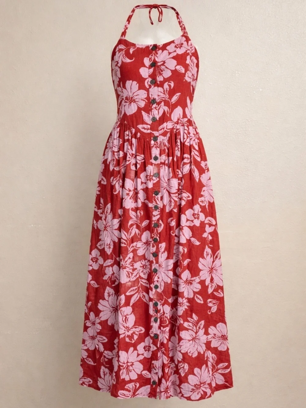 FP Boho Floral Halter Midi Dress Button Front Tropical Summer Beach Medium